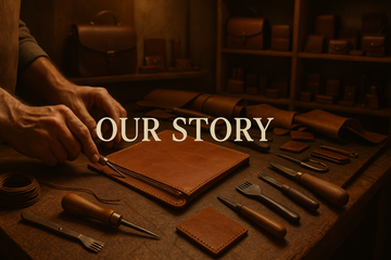 Workshop setting with leather goods and tools, featuring the text 'OUR STORY'.
