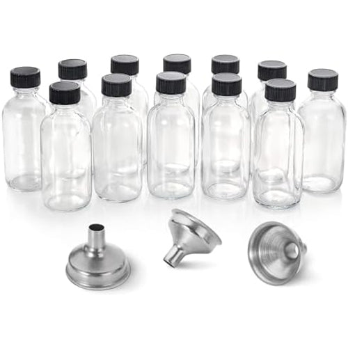 12 Pack, 2 oz Small Clear Glass Bottles w/Lid & 3 Funnels - 60ml Boston Shot Bottles for Health, Immunity, Potion, Wellness, Sample, Ginger, Juice - Mini Personal Care & Beauty Travel Bottle