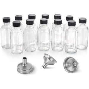 12 Pack, 2 oz Small Clear Glass Bottles w/Lid & 3 Funnels - 60ml Boston Shot Bottles for Health, Immunity, Potion, Wellness, Sample, Ginger, Juice - Mini Personal Care & Beauty Travel Bottle