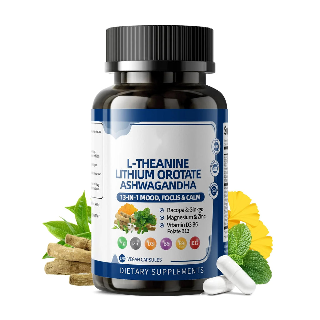 13-in-1 Lithium Orotate 10mg with Ashwagandha 300mg & L-Theanine 100mg - Mood, Calm, Sleep & Brain - Bacopa, Ginkgo Biloba, Lemon Balm, Magnesium Glycinate, Zinc, D3 B6 Folate B12 - 120 Vegan Capsules