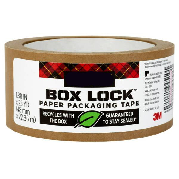 Roll of Scotch Box Lock paper packaging tape on a white background