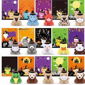 15 Sets Halloween Mini Stuffed Animals Bulk with Cards Soft Plush Toy with Witch Hat Stuffed Mini Halloween Plush Doll for Party Favors Goodie Bag Filler