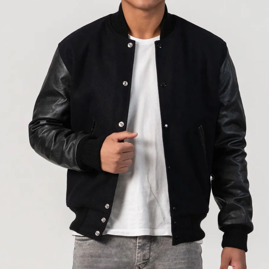 Black Wool Body & Cowhide Leather Sleeves Zipper Varsity Jacket
