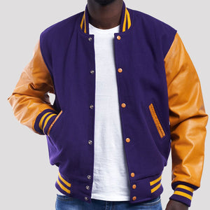 Purple Wool Varsity Jacket with Bright Gold Leather Sleeves