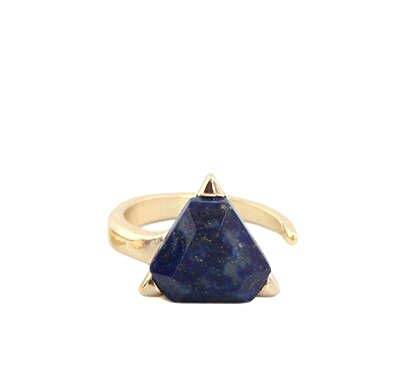 Echos Healing Stones Lapis Lazuli Ring for Women – Statement Rings - Blue Stone - Gold - Natural Gemstone - Open Circle - Triangle - Geomerict - Handmade - Unique