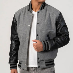 Light Oxford Wool Varsity Jacket & Black Leather Sleeves