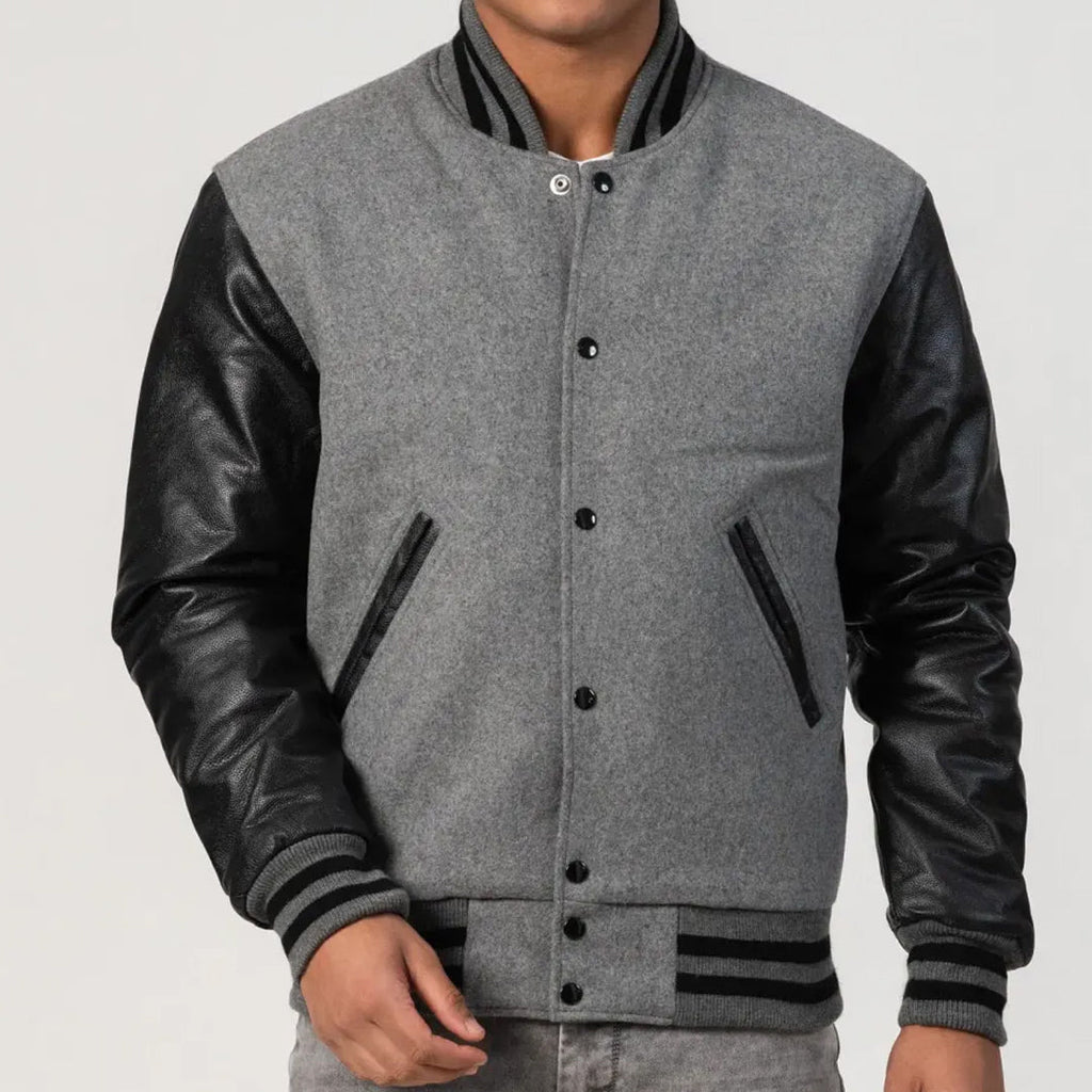 Light Oxford Wool Varsity Jacket & Black Leather Sleeves