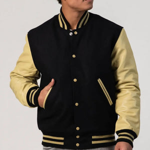 Black Wool Varsity Jacket & Vegas Gold Leather Sleeves
