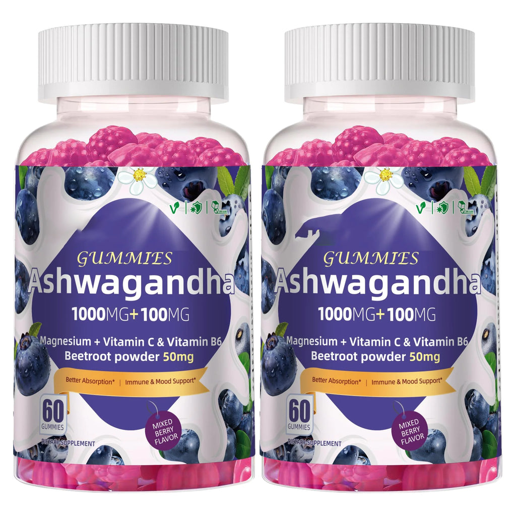 2 Pack Ashwagandha Gummies 1000mg & Vitamin D3 Gummies 120 Count Organic Root Extract Stress Relief Sleep Support(Non-GMO, Sugar Free & Gluten Free)