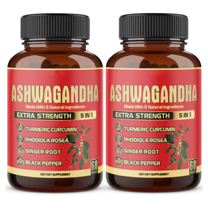 2 Packs - 60 Capsules Ashwagandha Capsules - High Concentrated - 5in1 Formula Ashwagandha, Turmeric, Rhodiola Rosea, Ginger, Black Pepper - 4 Month Supply