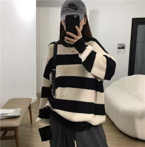 Early Autumn Loose And Lazy Style Striped Sweater For Women