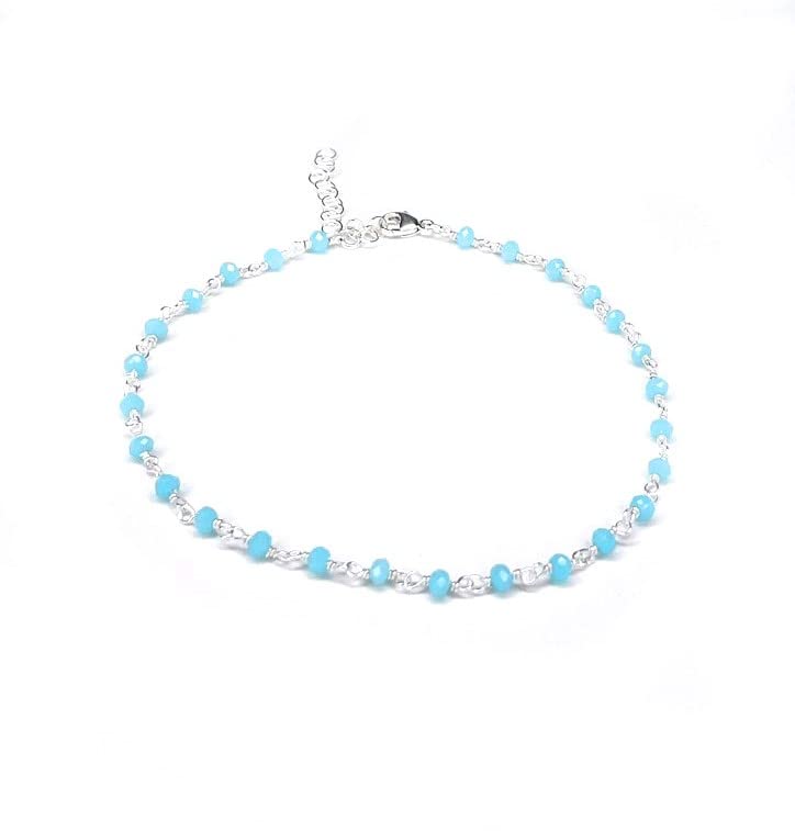 Sterling Silver Anklet Beaded with Blue Chalcedony Stones, 925 Silver Ankle Bracelet Delicate Beach Jewelry Something Blue Simple Boho Gift - Handcrafted in the USA.