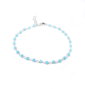 Sterling Silver Anklet Beaded with Blue Chalcedony Stones, 925 Silver Ankle Bracelet Delicate Beach Jewelry Something Blue Simple Boho Gift - Handcrafted in the USA.