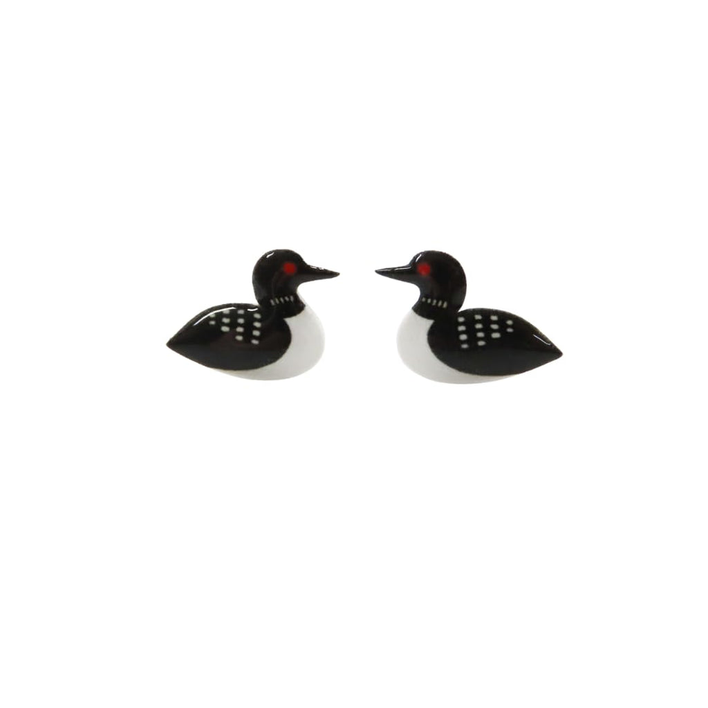 Loon Stud Earrings – Handmade Acrylic Bird Earrings with Stainless Steel Posts – Small Black and White Loon Jewelry Gift for Bird Lovers and Nature Fans