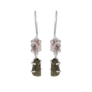 Certified Moldavite Rough with Herkimer Diamond 925 Solid Sterling Silver Handmade Designer Earring