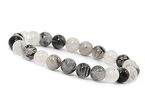 Crystal Agate Bracelets - Manifestation Bracelet - Natural Black Rutile Beaded Stretch Bracelet 8mm - Unisex Adult Yoga Bracelet - White-Black
