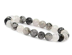 Crystal Agate Bracelets - Manifestation Bracelet - Natural Black Rutile Beaded Stretch Bracelet 8mm - Unisex Adult Yoga Bracelet - White-Black