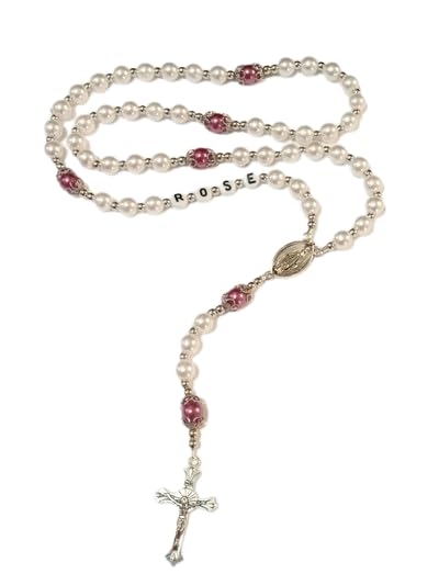 Personalized with Name Rosary Beads Crucifix * Prayer Meditation Beads * Jesus * Baptism * Christening * Communion * White beads with the accent color of your choice