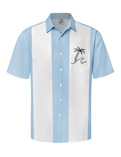 Hardaddy Men's Vintage Bowling Shirt Short Sleeve Button Down Hawaiian Summer Beach Printed Casual Shirts Blue-10 M