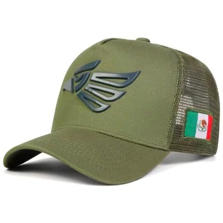 Olive Green Mesh Trucker Cap with 3D Eagle and Mexican Flag Patch, Adjustable Snapback Baseball Hat for Men and Women, Casual Outdoor Style