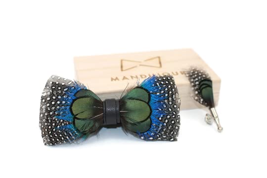Mandujour Elegant Polka Dot Pheasant Feather Bow Tie and Lapel Pin Set - Handcrafted Accessories for Groom