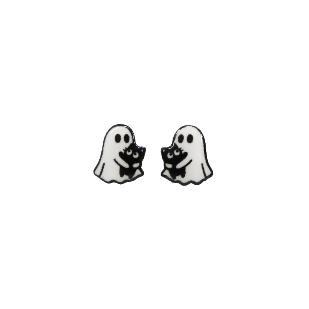 Ghost and Cat Stud Earrings – Halloween Cute Spooky Earrings for Women – Hypoallergenic 316L Surgical Stainless Posts – Black Cat Jewelry Gift for Her