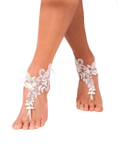 Barmine Lace Sequins Barefoot Sandals, handmade in Europe with off-white lace for wedding, one size, 1 pair
