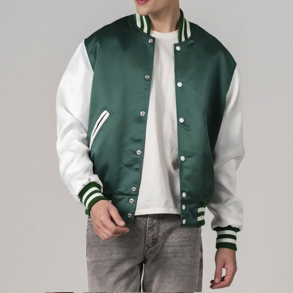 Kelly Green Satin Jacket with White Sleeves