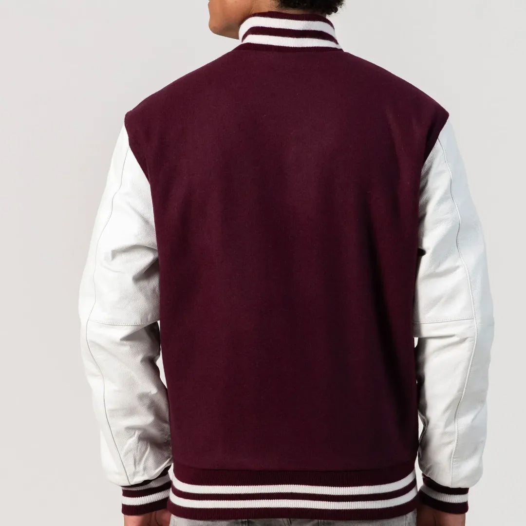 Maroon Body & White Sleeves Byron Collar & Zipper Varsity Jacket