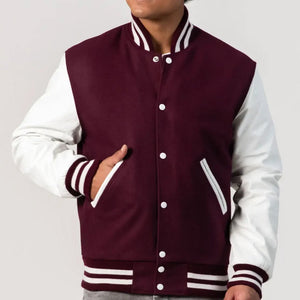 Maroon Body Varsity Jacket with White Sleeves, Byron Collar, and Zipper