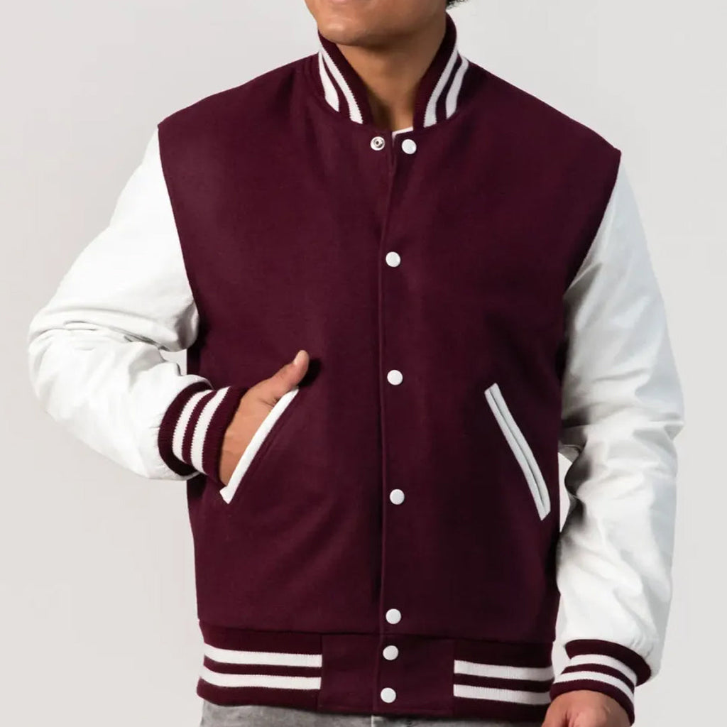 Maroon Wool Body & Bright White Leather Sleeves Varsity Jacket