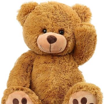Brown teddy bear with paw prints on paws and feet on a white background
