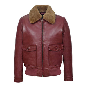Men's Maroon Aviator Jet Fighter Faux Shearling Bomber Leather Jacket