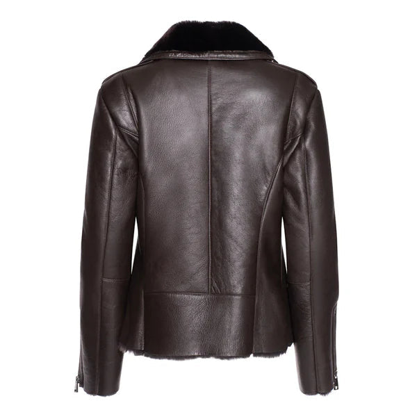 Women's Brown Shearling-Lined Leather Moto Jacket