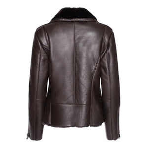 Women's Brown Shearling-Lined Leather Moto Jacket