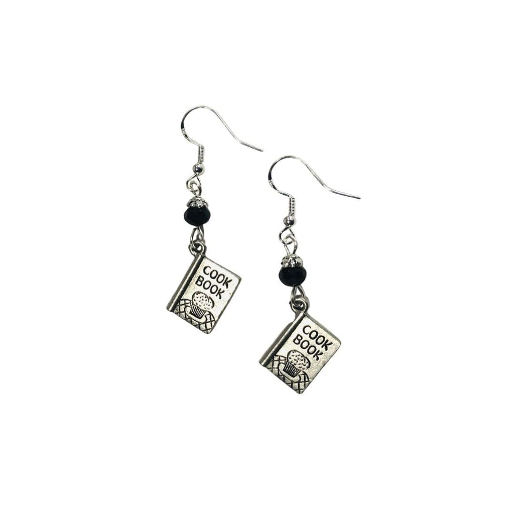 Cookbook, Cook or Chef Charm Earrings with Jet Black Faceted Crystal Accent Beads on Sterling Silver Earwires