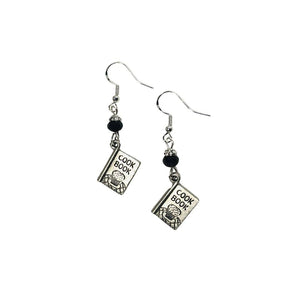 Cookbook, Cook or Chef Charm Earrings with Jet Black Faceted Crystal Accent Beads on Sterling Silver Earwires