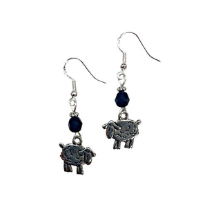 Black Sheep Earrings, Farm Animal Earrings - with jet black crystal faceted accent beads on sterling silver earwires