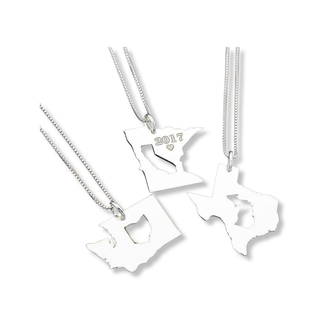 Silversmith925 Sterling Silver Personalized State Inside State Necklace, Long Distance Relationship Gift for Girlfriend or Best Friend, Italian Box Chain, 22 Gauge, Matte Finish