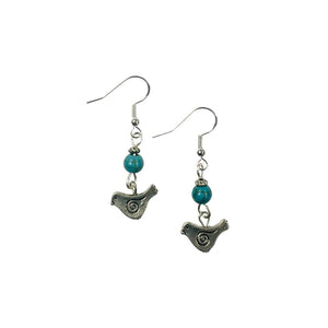 Bird or Robin Charm Earrings with Turquoise Colored Stone Accent Beads on Sterling Silver Earwires