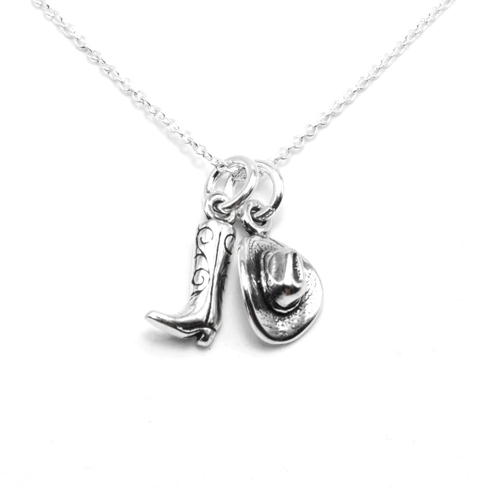 FLYINGTUTU Sterling Silver Tiny Cowboy Boot and Tiny Hat Charm Necklace, Western Jewelry Gift for Women, 18"