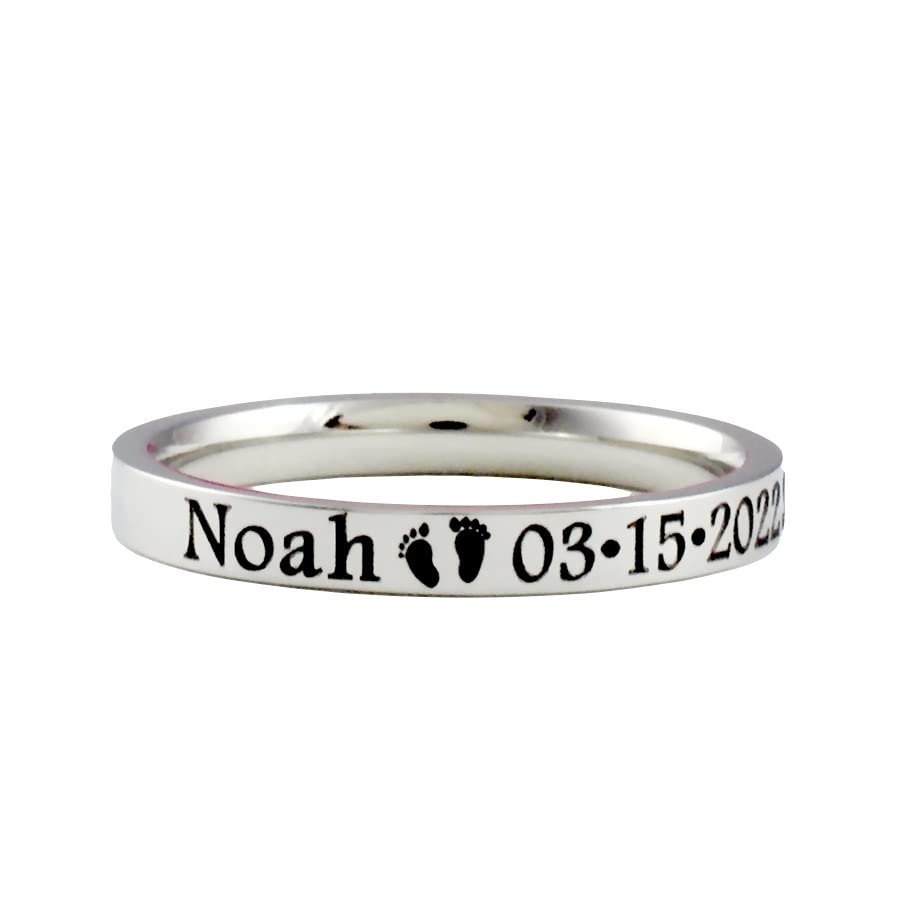 Baby Stats Ring - Stainless Steel Band Ring, Personalized New Mom Gift, Custom Baby Name, Birth Date Time, Weight, Height, Gift for Daughter, Sisters, Friends, Mother's Day, Birthday