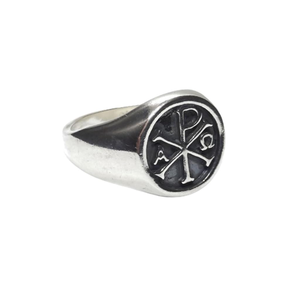 Chi Rho Christian Men’s Ring, 925 Sterling Silver Handmade Ottoman Signet Ring, Alpha Omega Symbol Jewelry, Religious Gift for Him