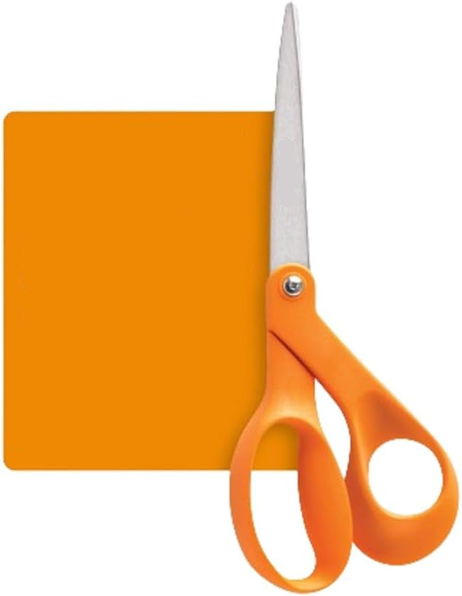 Orange Fiskars scissors with a description card on a white background