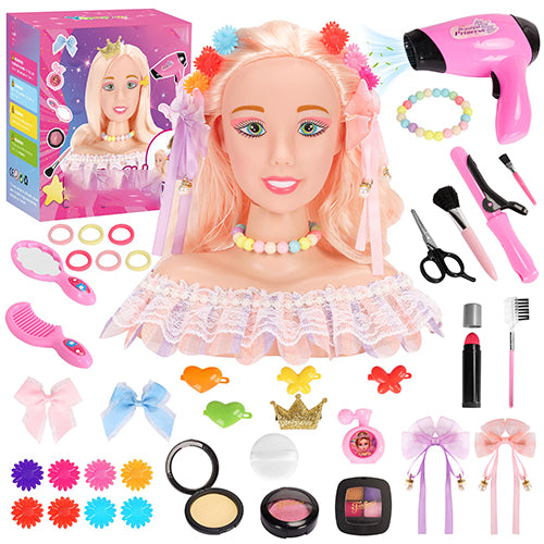 41PCS Pretend Play Hair Styling Doll Head Makeup Kit for Girl, Hair Makeup Salon Doll Toy Kid, with Hairdryer Curling Iron Eye Shadow Powder Hair Clip Set Birthday for 8+ Girl Kids