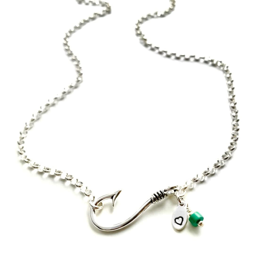 Sporty Sterling Silver Fishhook with Stamped Charm Turquoise and Silver Beads Necklace Fish Hook Pendant
