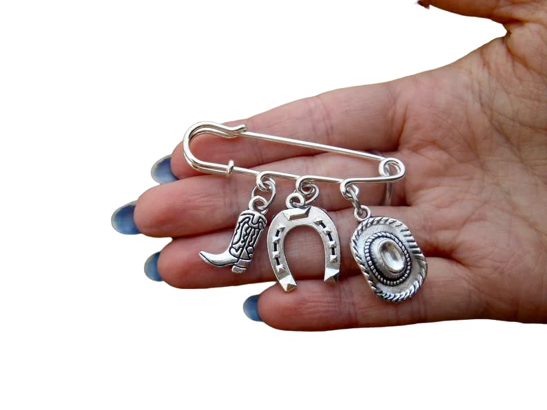 COWGIRL Safety Pin Brooch- SOUTHWESTERN Pin- Backpack Pin, Cowgirl Boots, Horseshoe, Cowboy Hat Charm, Rodeo Gift, Line Dancing