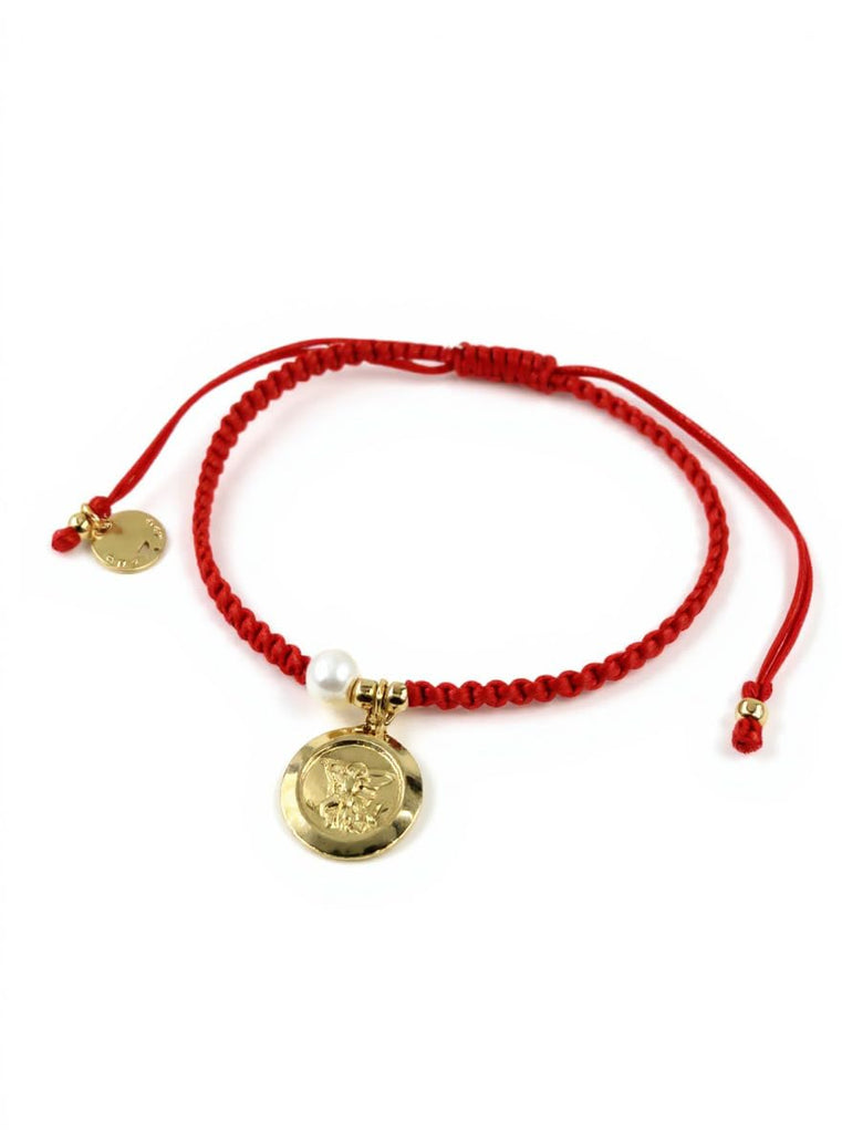 CRUZONE Handwoven Red Thread with Saint Michael Archangel Medal and Cultured Fresh Water Pearl - Catholic Protection Bracelet Adjustable Size for Women