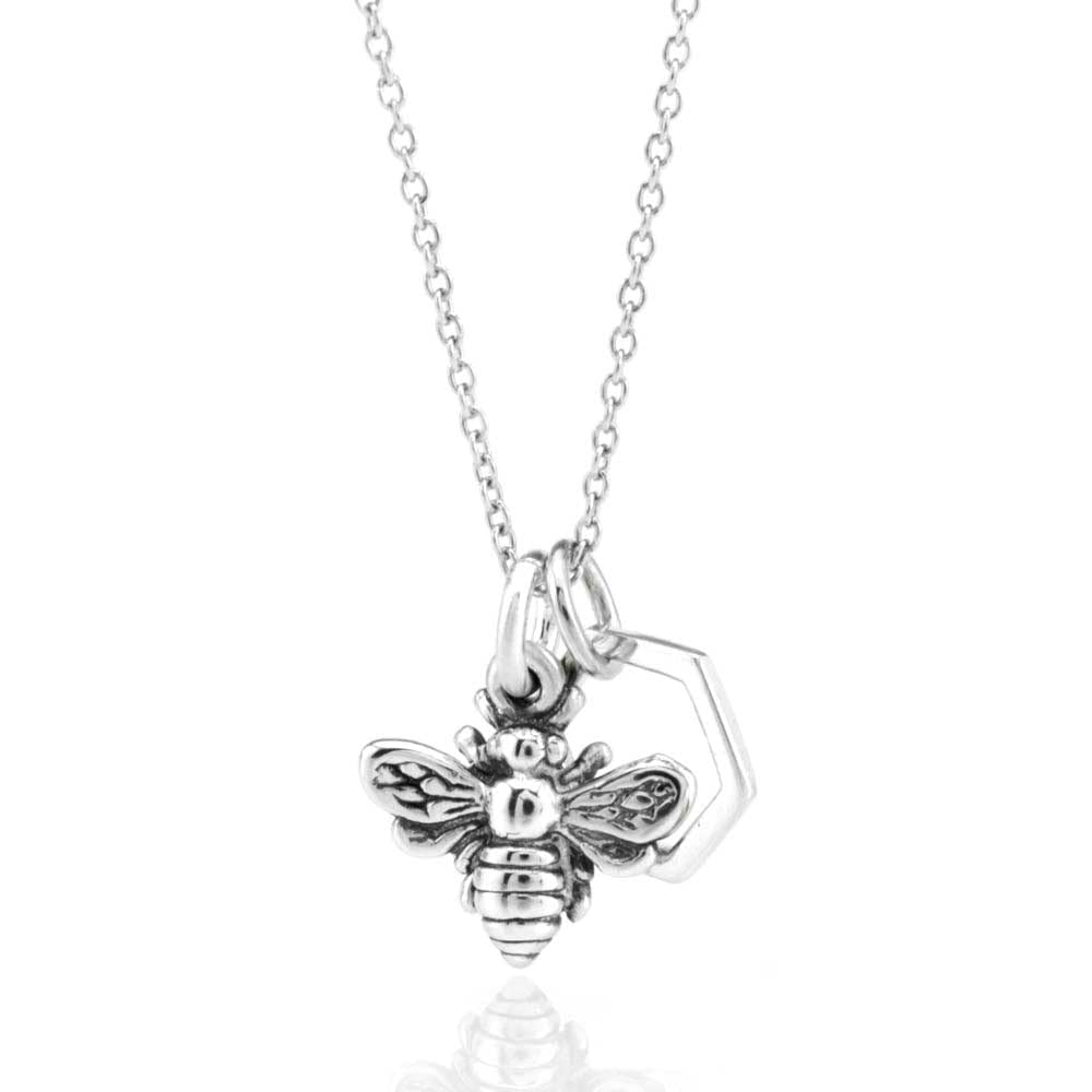 Sterling Silver Tiny Honeycomb Bee Charm Necklace, 18"
