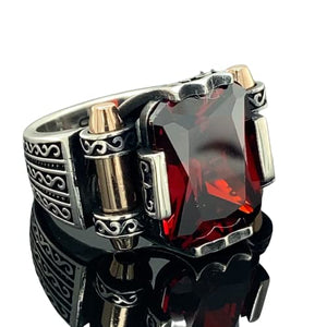 Mercan Silver Men's Handmade Ruby Stone Ring, Ottoman Style, 925k Sterling Silver, Red Stone, Statement Ring